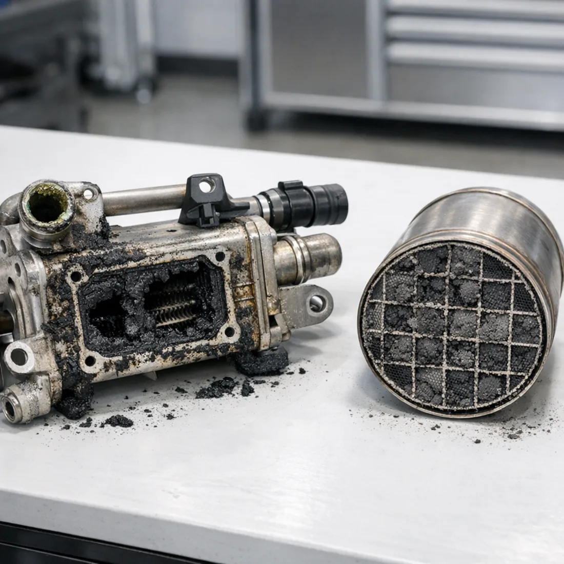 EGR cooler and DPF components from an 8Y 40 TDI. The 2.0 TDI runs a more involved emissions system than the older 1.6.