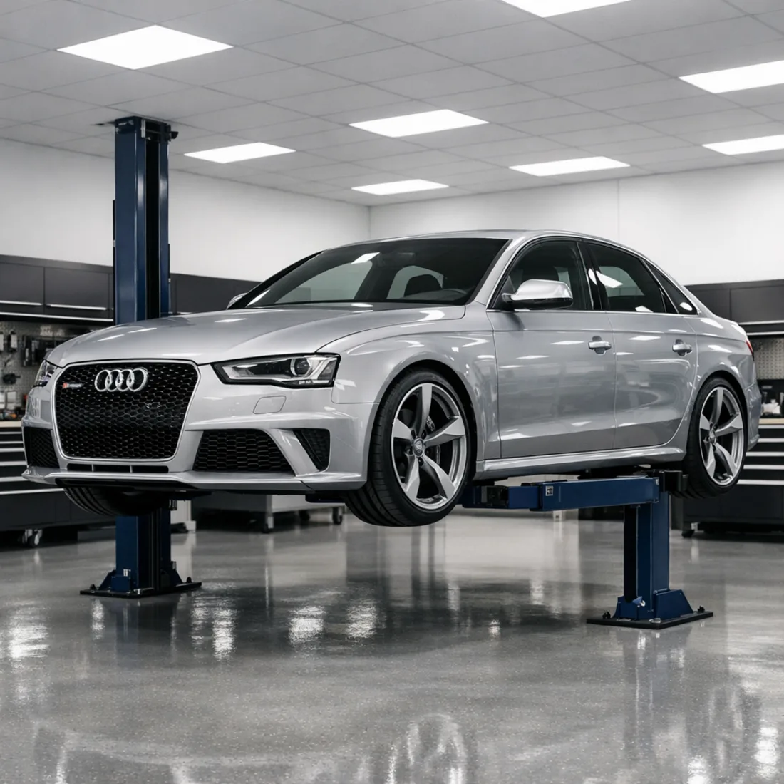 B8 RS4 on the hoist at our Penrose workshop, full service underway