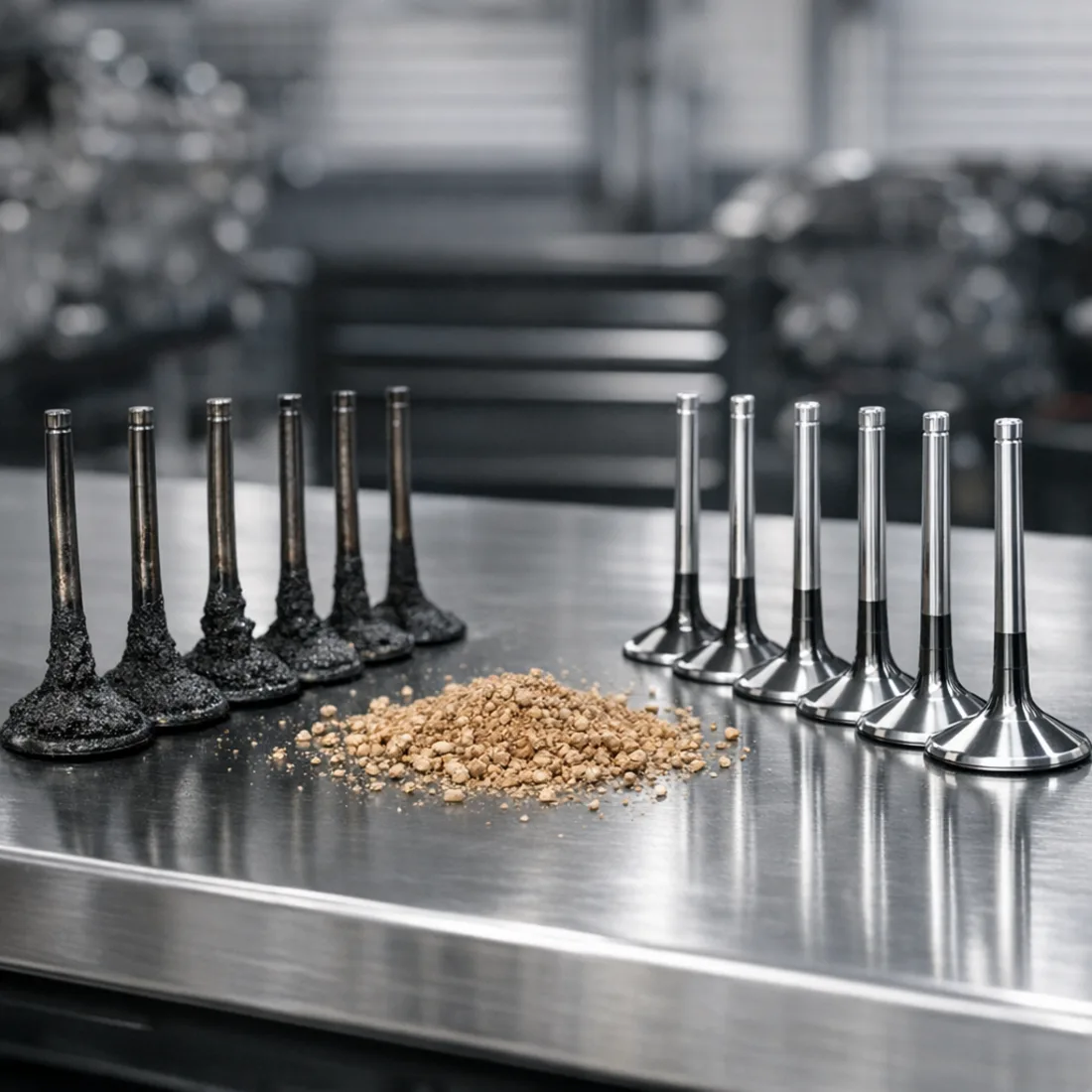 Carbon build-up on Audi RS6 CRDB intake valves before walnut blast cleaning
