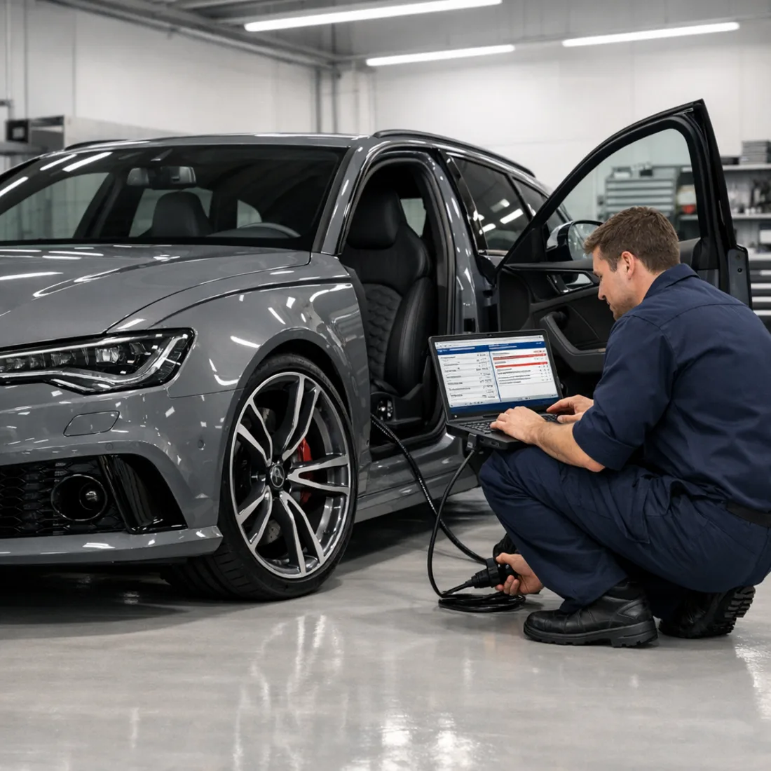 Technician running ODIS factory diagnostics on an Audi RS6 C7