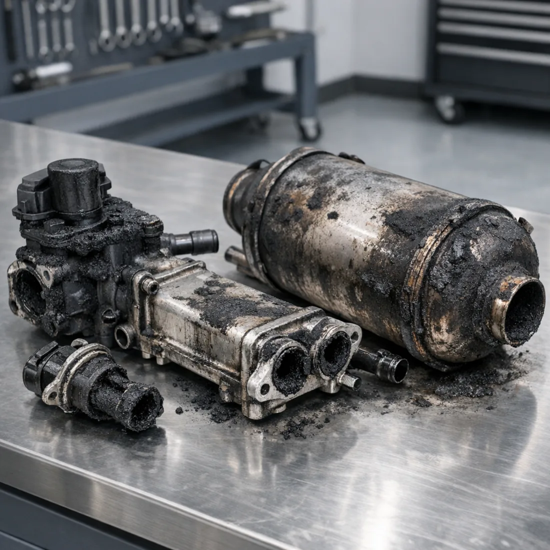 FY SQ5 3.0 TDI: carbon fouled EGR valve and DPF, a common finding on urban use cars