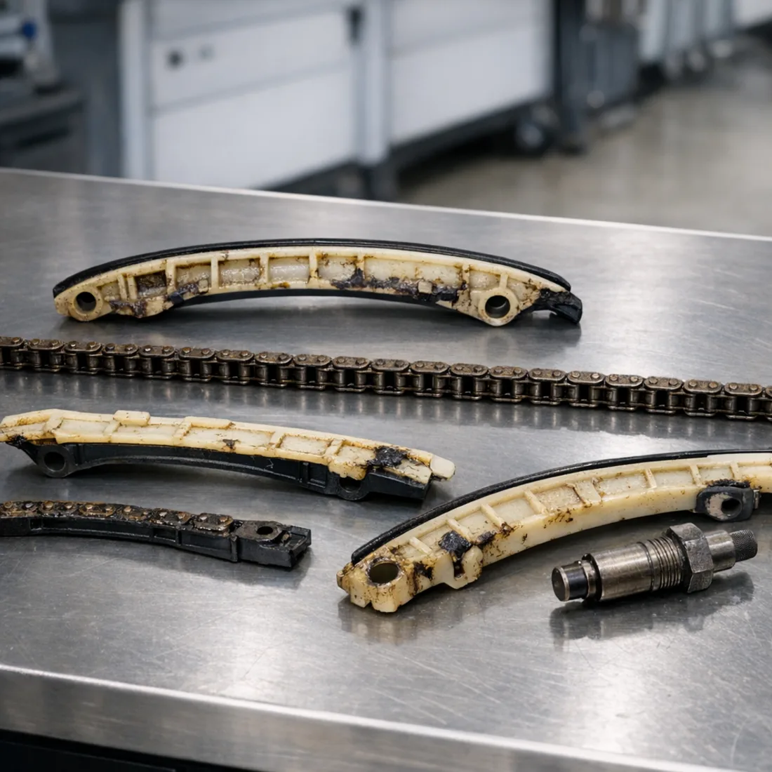 E87 N45B16 timing chain and guide rails. This is what deferred oil changes look like.