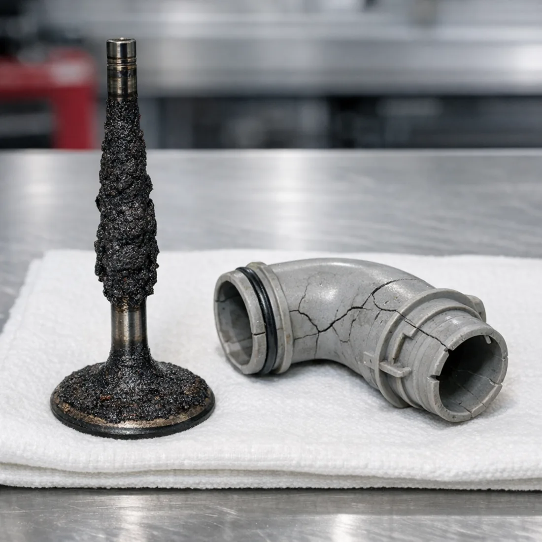 B38A15M0 intake valve carbon and cracked boost pipe. Two of the most common F20 116i faults.