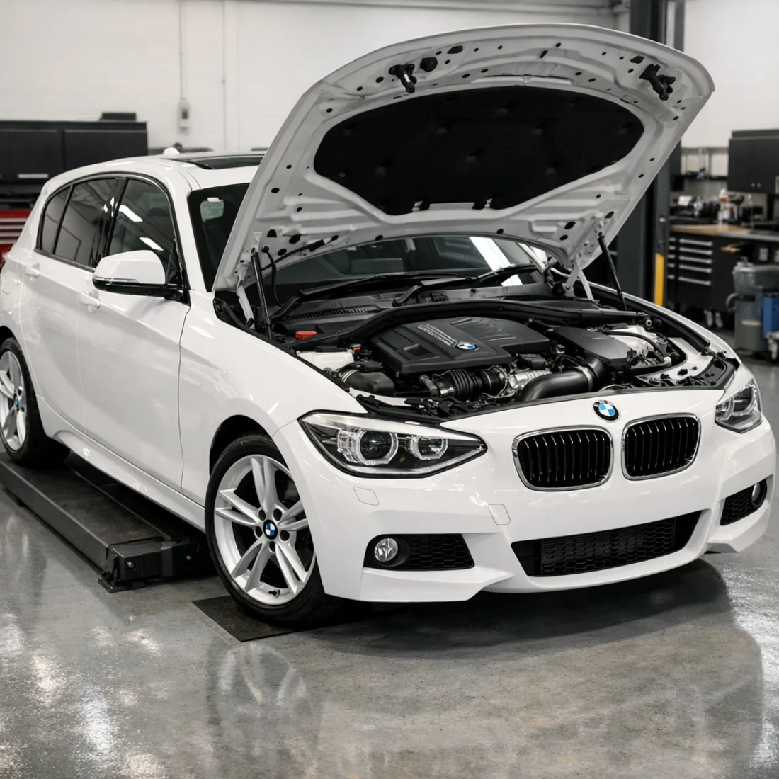 BMW 120i F20 on the hoist for a full inspection. The B48 rewards attention.
