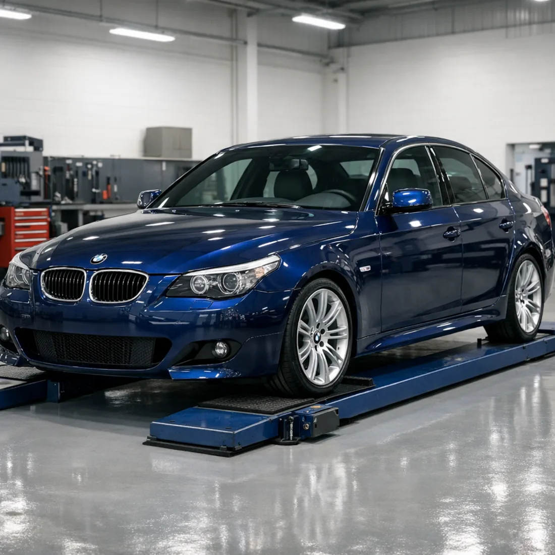 E60 535d on the hoist for full underside inspection and suspension assessment