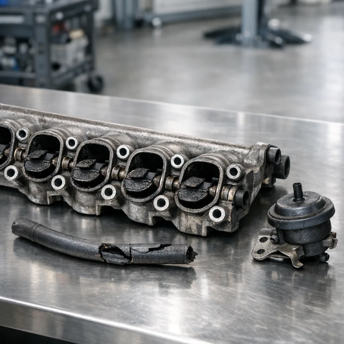 M57 swirl flap and vacuum lines, a common inspection point on both E60 diesels