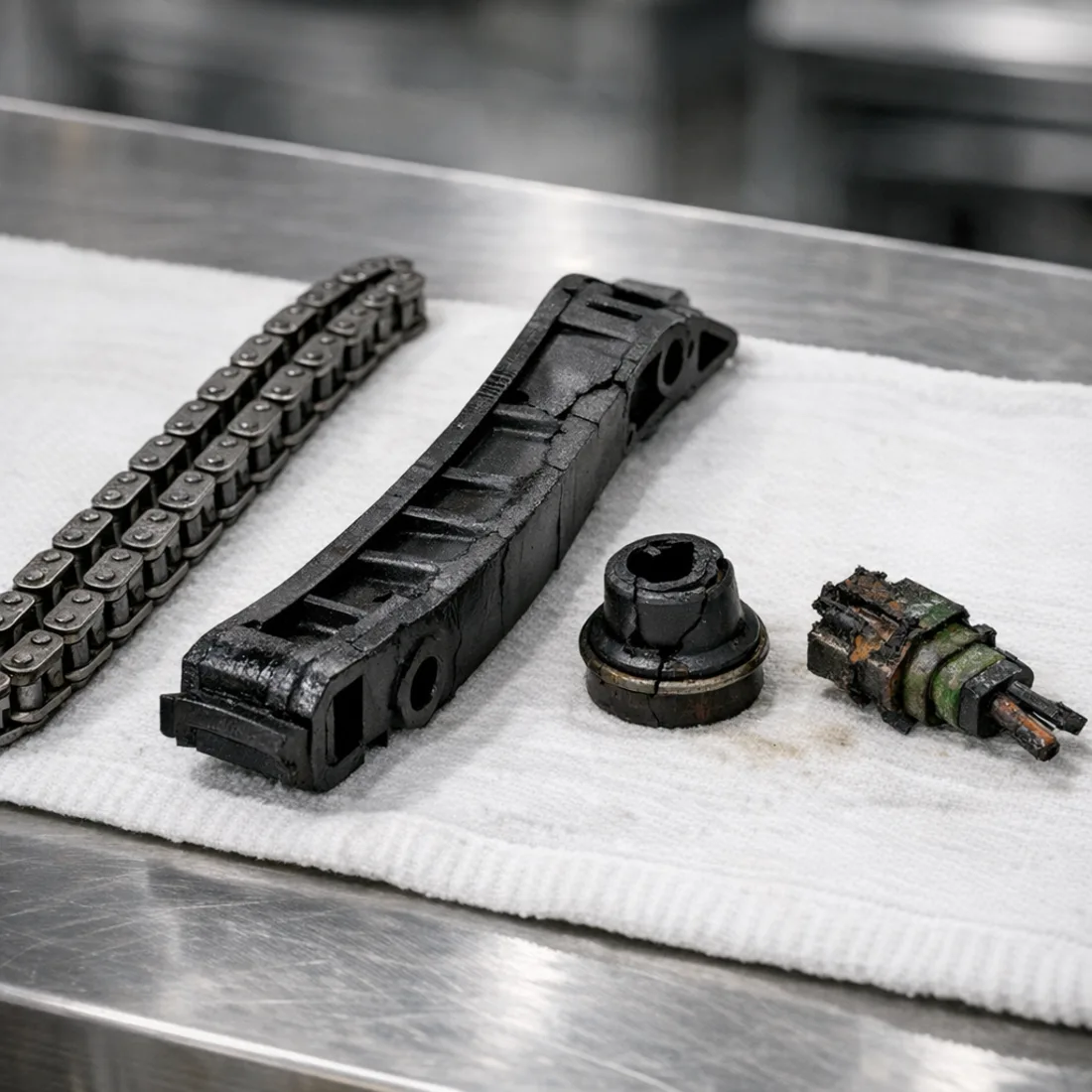 650i N63: worn timing chain guide and valve stem seal, two of the most common N63 repair items