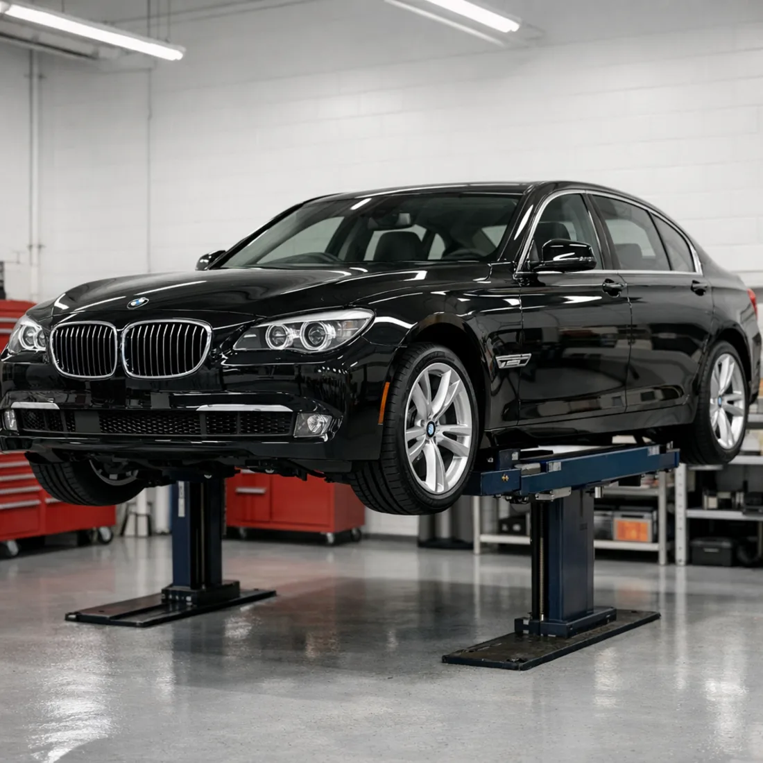 750i F01 on the hoist at our Penrose workshop