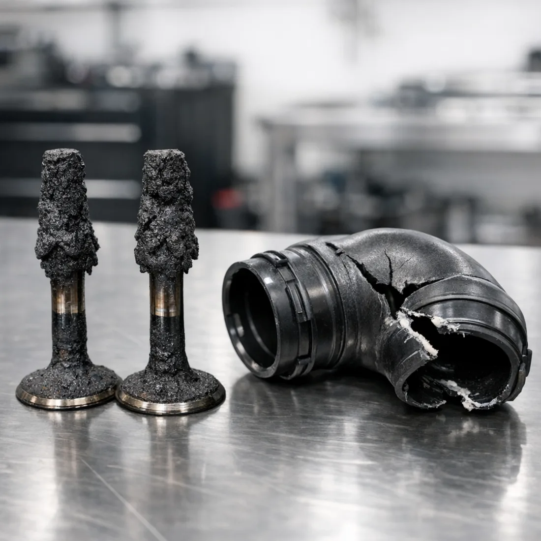 F87 M2 Competition: carbon fouled intake valves and a cracked charge pipe, two of the most common workshop findings
