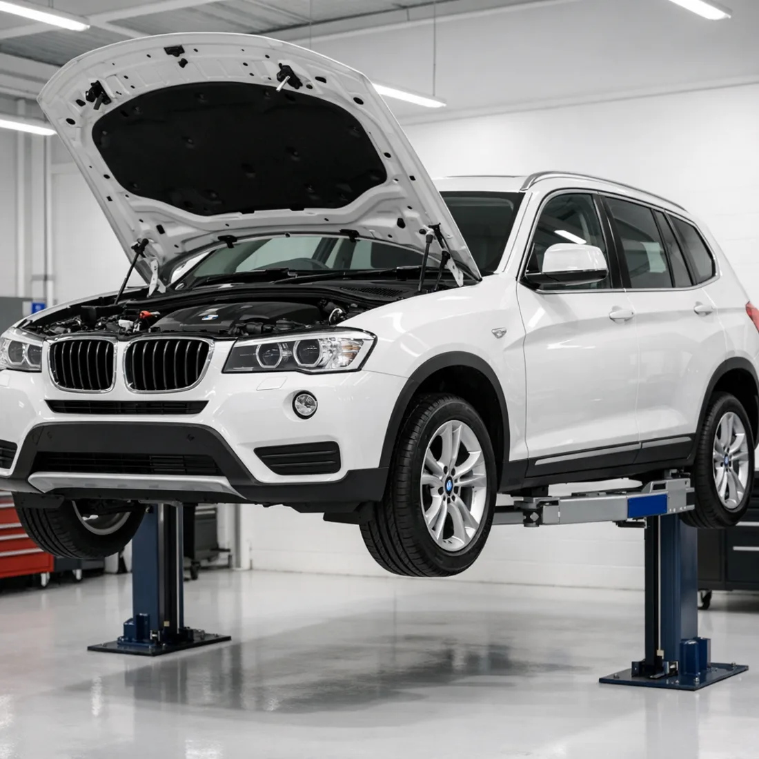 F25 X3 20d on hoist for pre purchase inspection, Penrose workshop