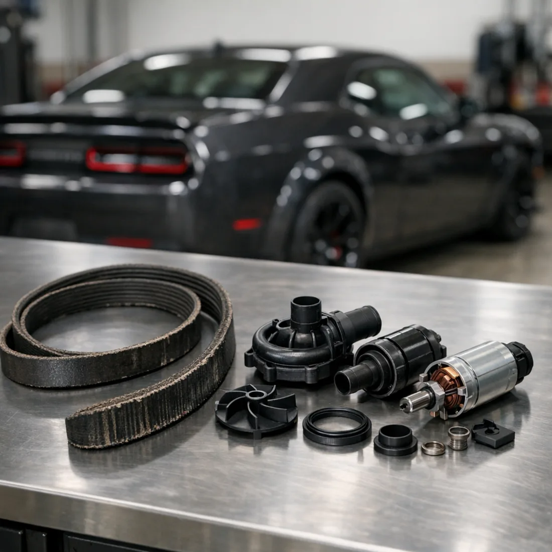 Hellcat 6.2: worn supercharger belt and failed intercooler pump, two of the most common items we replace