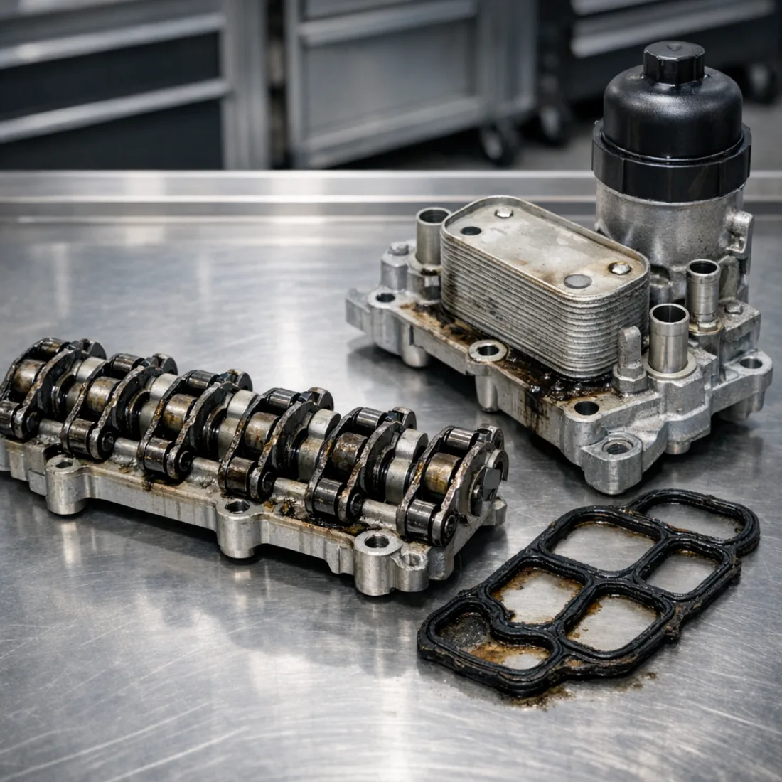 Challenger 3.6 V6: worn rocker arm and oil cooler gasket, common failure items