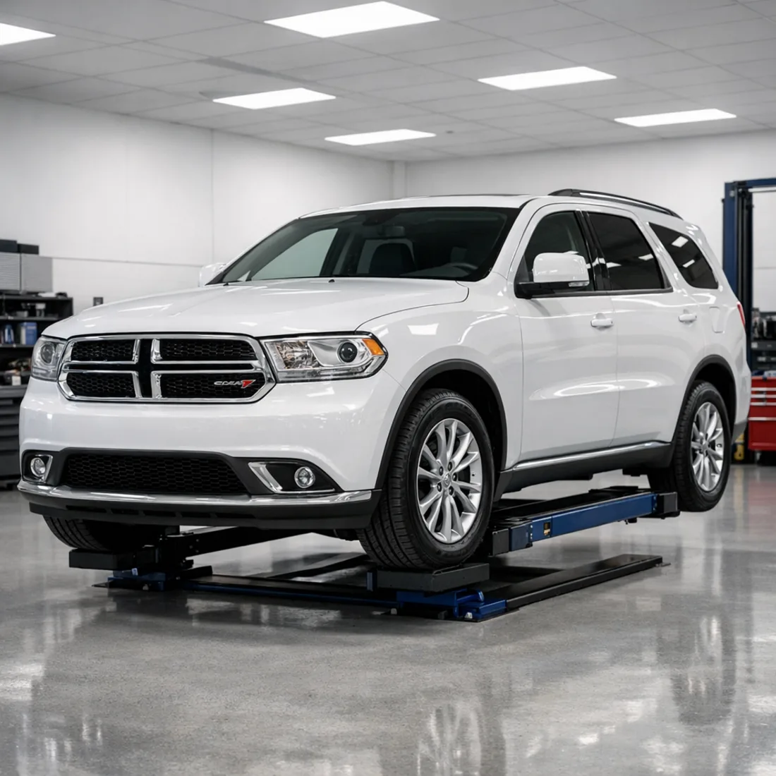 Dodge Durango WD on the hoist at our Penrose workshop, ready for a full inspection and service.