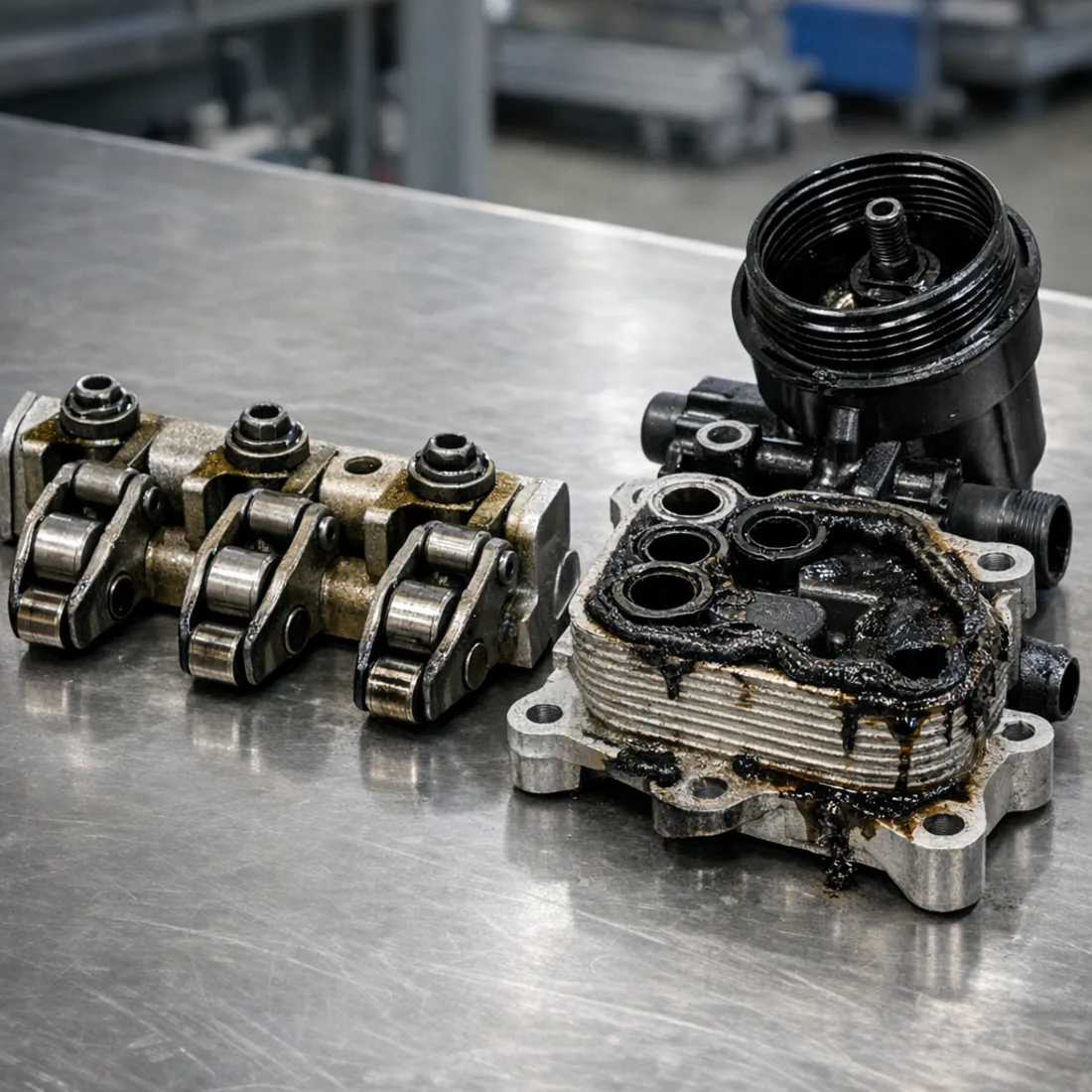 Pentastar rocker arm assembly and oil filter housing with degraded gaskets, two of the most common repair items on high mileage 3.6 V6 engines.