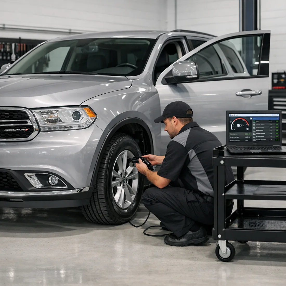 A technician using wiTECH factory diagnostic software connected to a Dodge Durango WD, reading live data across all vehicle modules.