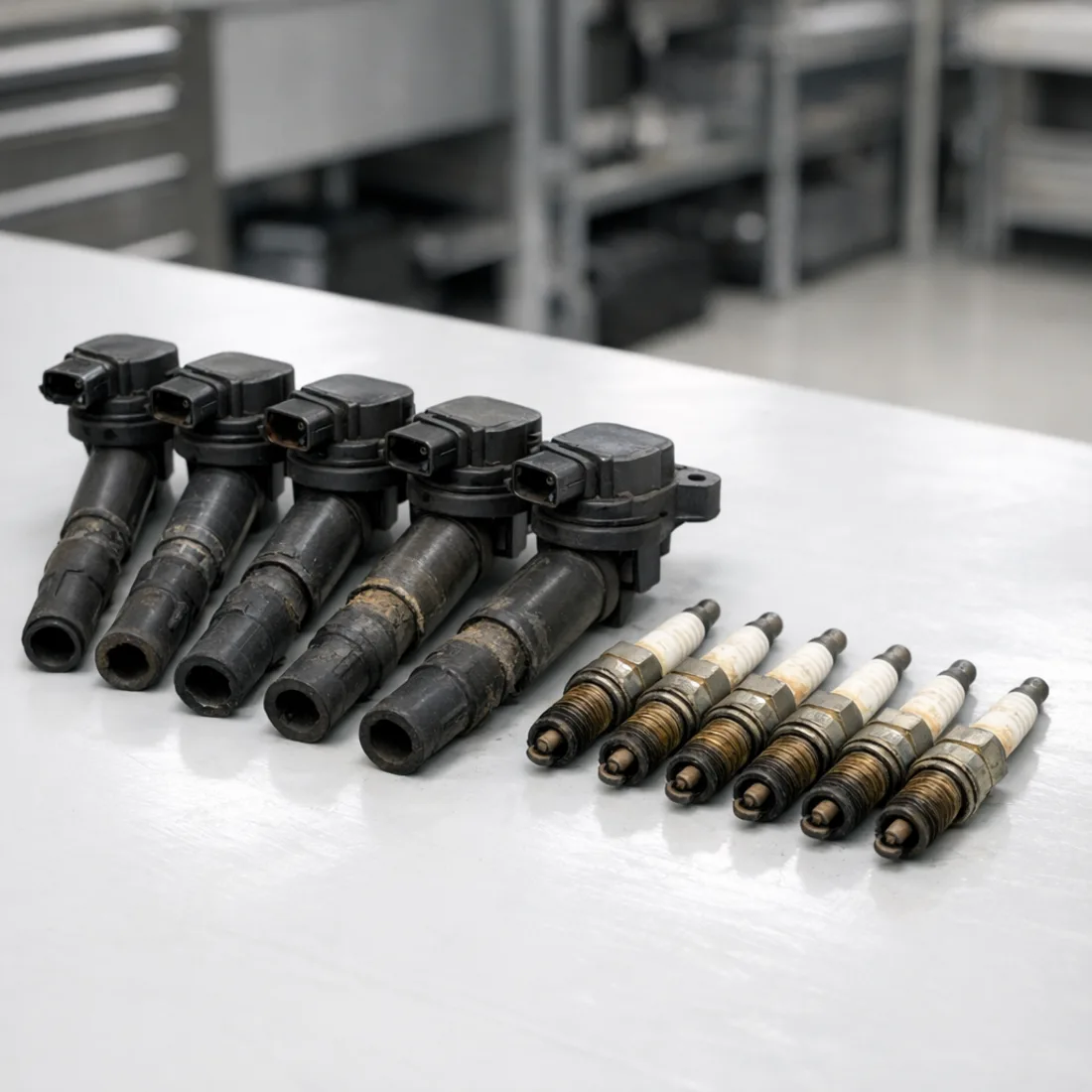 Worn coils and plugs from a 4.0 V6, a common find on higher mileage Nitros