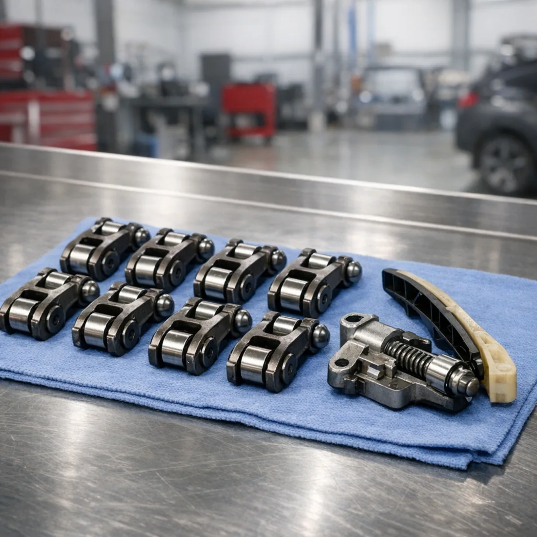 Rocker arm and timing chain tensioner wear, common on higher mileage Pentastar V6 engines