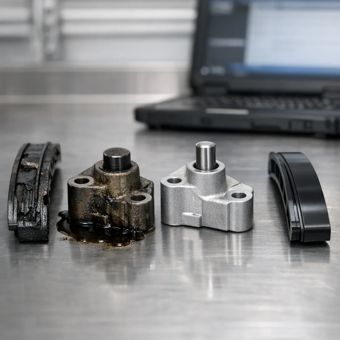 Worn timing chain tensioner, a common find on higher mileage 3.7 Powertech engines
