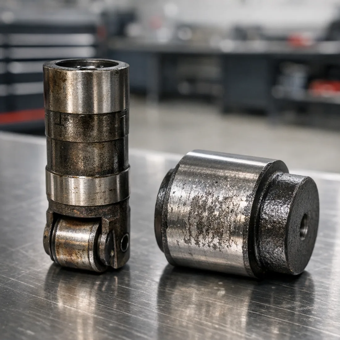 Worn MDS lifter and camshaft components from a 5.7 Hemi HD variant