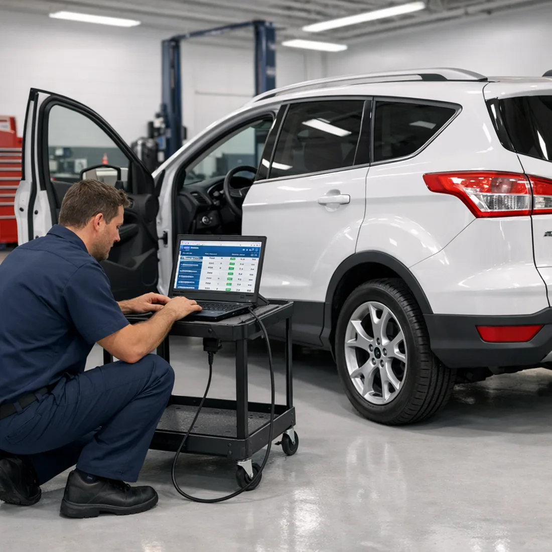 Ford FDRS dealer diagnostic software connected to a Ford Escape EcoBoost, reading live boost pressure and fuel trim data.