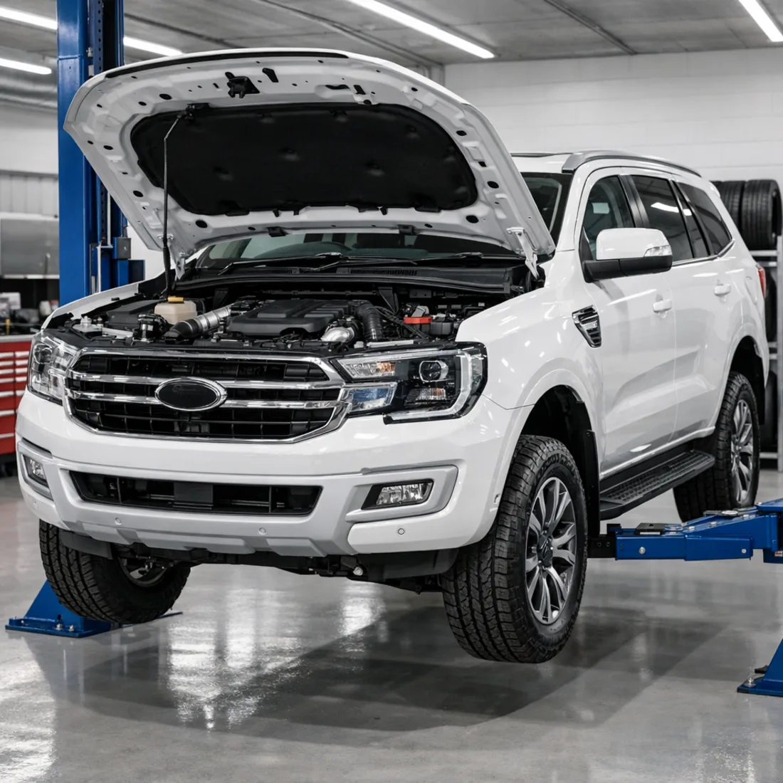 The 2.0 EcoBlue bi turbo diesel in the workshop, ready for inspection and service.