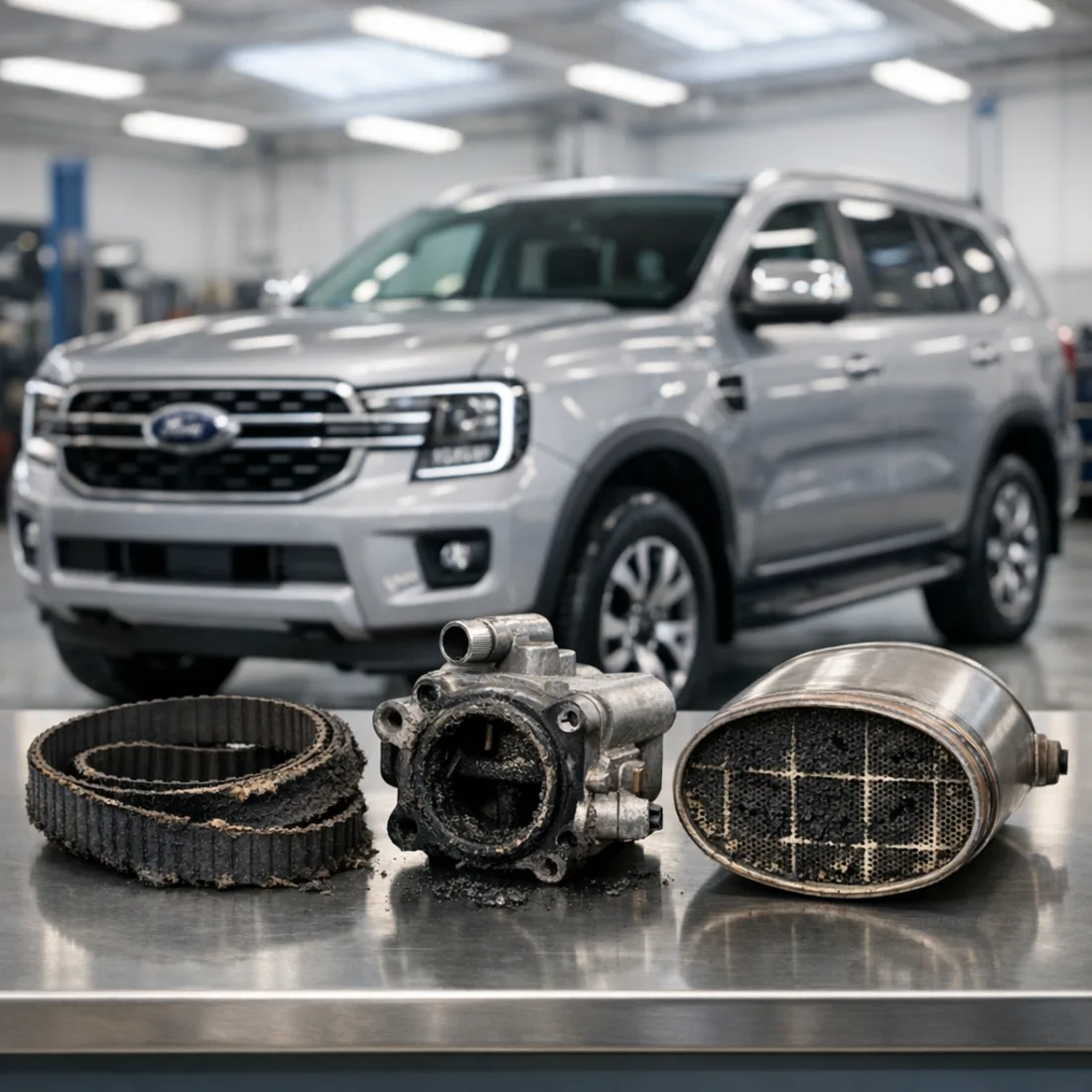 Common fault components from the Everest 2.0 EcoBlue laid out on a workshop bench, showing the wet timing belt, EGR valve and DPF canister.