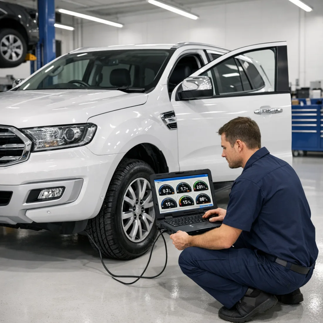 Ford IDS diagnostic software connected to the Everest 2.0 EcoBlue, showing live MEDG17.0 engine data including DPF differential pressure and boost pressure.
