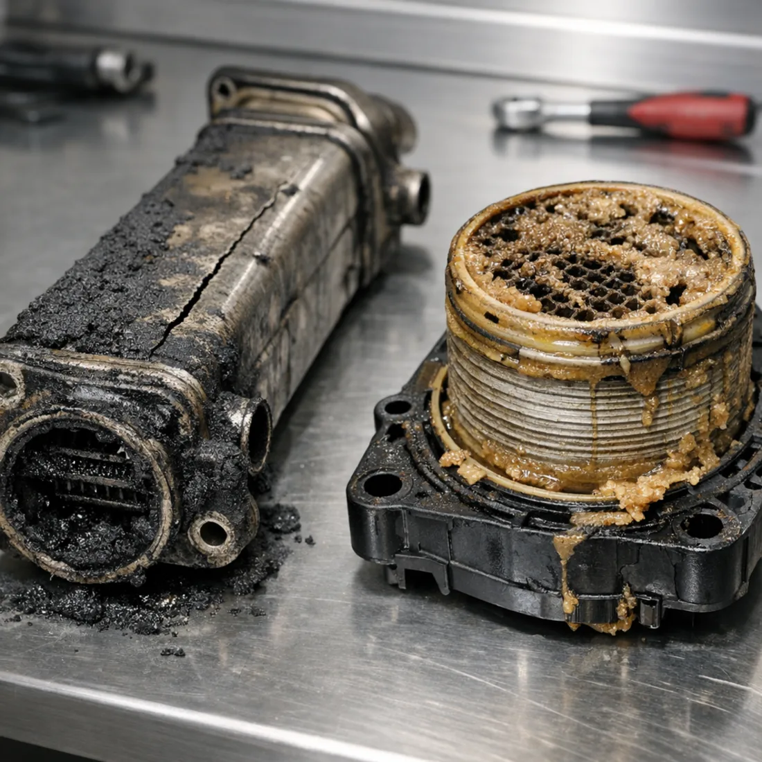 Faulty 6.4 Power Stroke oil cooler and EGR cooler on the workshop bench, showing carbon fouling and plastic degradation.