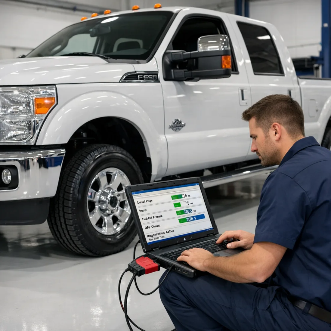 Ford IDS factory diagnostics running live engine data and DPF regeneration status on the F-250 6.4 Power Stroke.