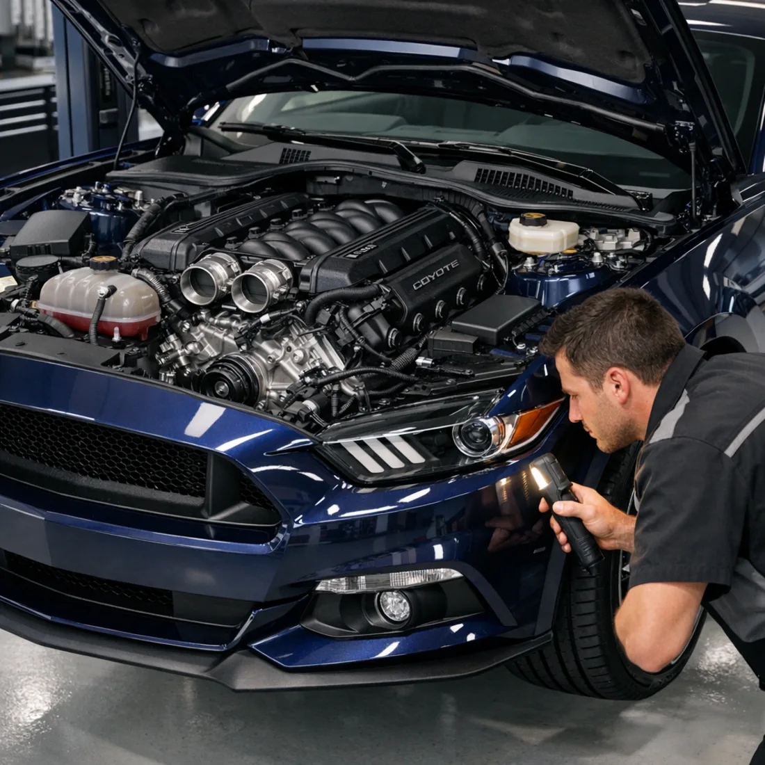 Coyote V8 engine inspection in workshop, cam cover and intake manifold clearly visible