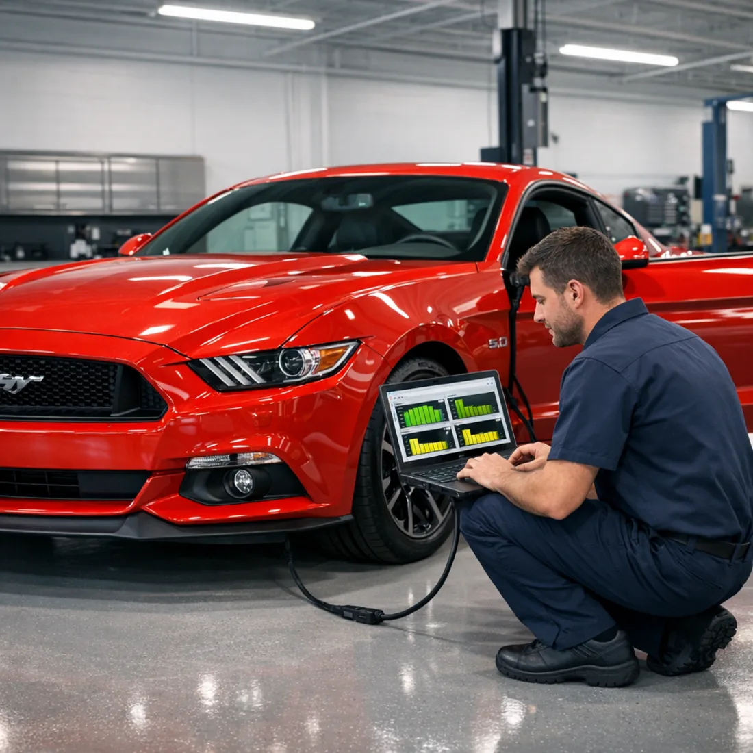 Ford IDS diagnostics connected to a Mustang GT S550, screen showing live cam phaser solenoid data
