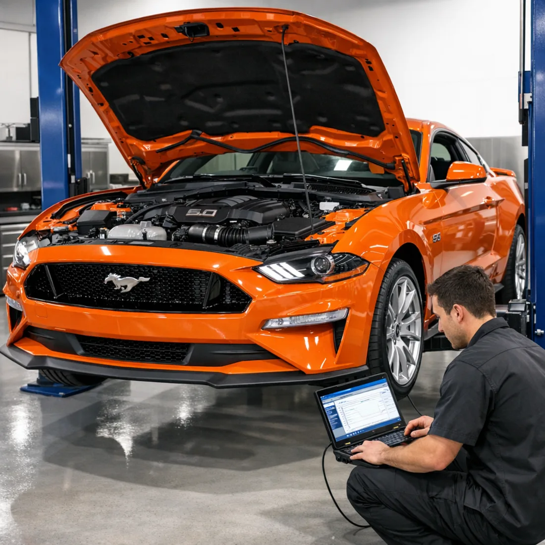 Ford Mustang GT S550 on hoist ready for ECU tune, Coyote V8 visible with bonnet open