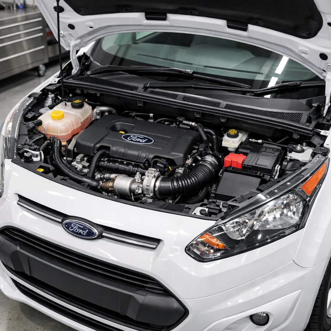 Engine bay of a Ford Tourneo Connect 1.6T EcoBoost JQGA in a professional Auckland workshop, showing the compact packaging that matters when chasing a coolant leak or pulling an ignition coil.