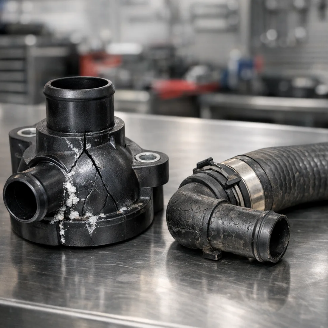 A cracked plastic thermostat housing and fatigued coolant pipe from a Ford Tourneo Connect 1.6T EcoBoost JQGA, illustrating why a thorough cooling system inspection is part of every service on this model.