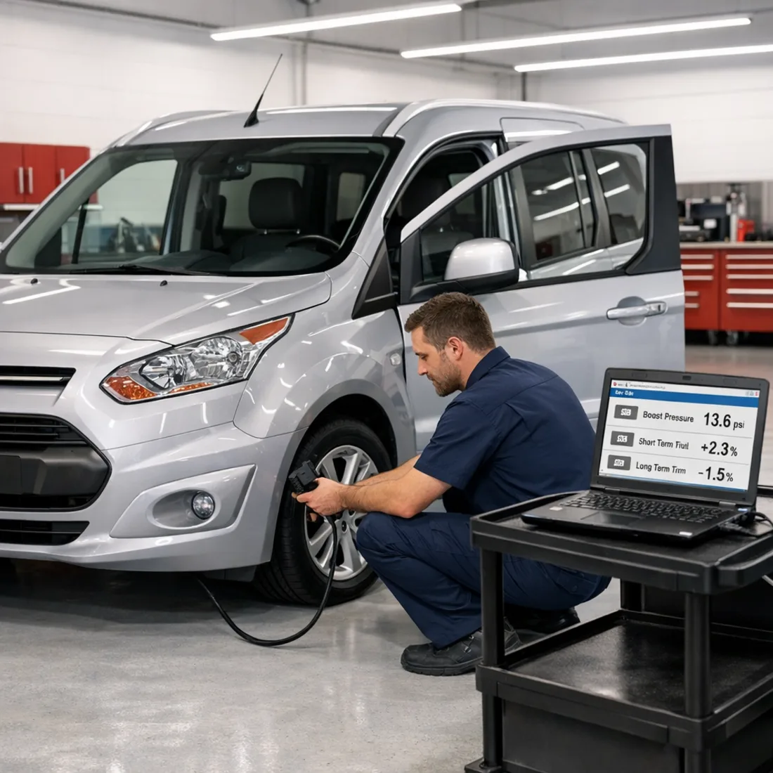 Technician running Ford IDS and FDRS diagnostics on a Tourneo Connect, monitoring live boost pressure, fuel trims and coolant temperature on the Bosch MED17.2.2 ECU.