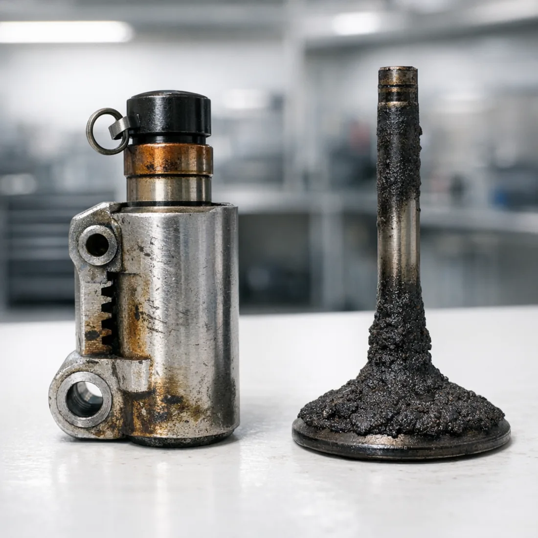 P300 timing chain tensioner and carbon coated intake valve, typical high mileage finds