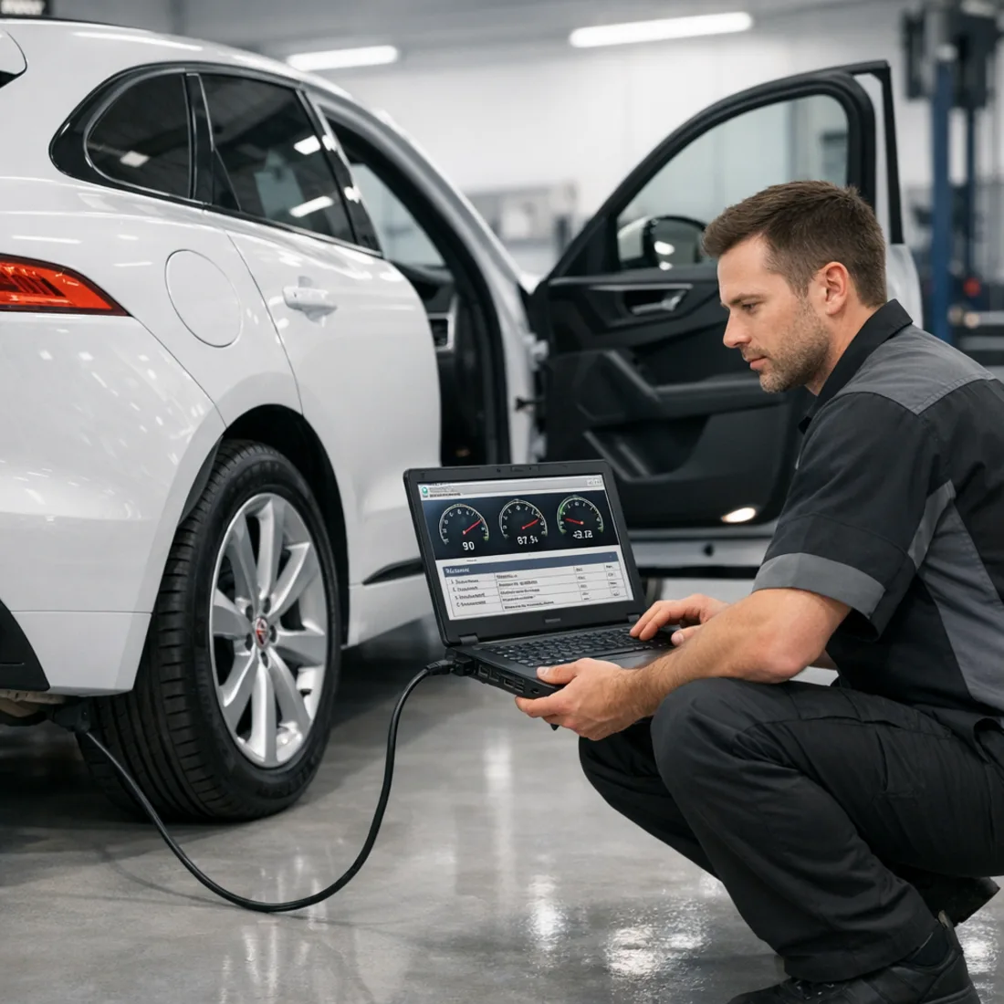 Factory Jaguar SDD diagnostics running on an F-Pace 2.0 Turbo, the same platform we use across all three variants