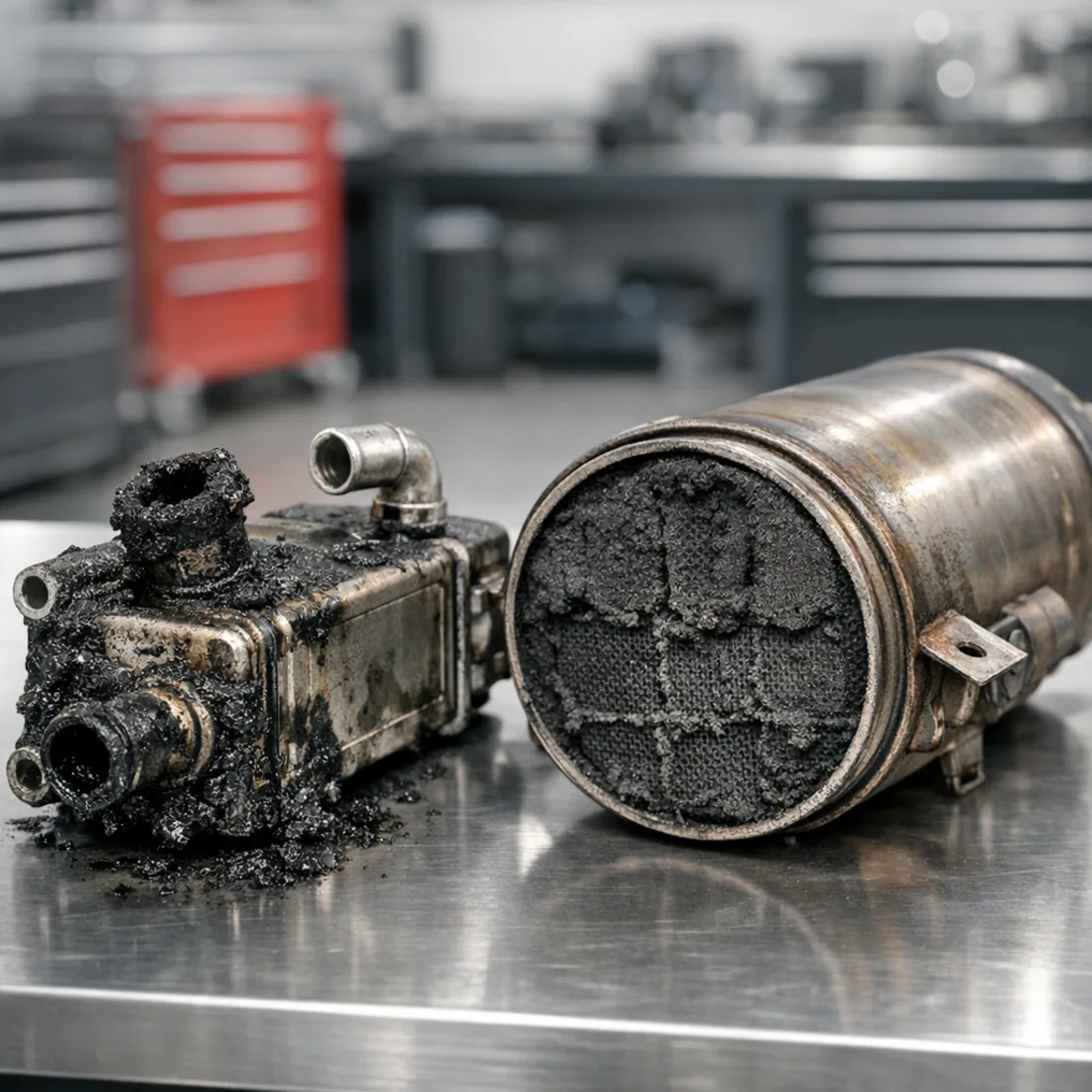 2.0d Ingenium diesel EGR and DPF components showing the carbon build up typical of short trip use