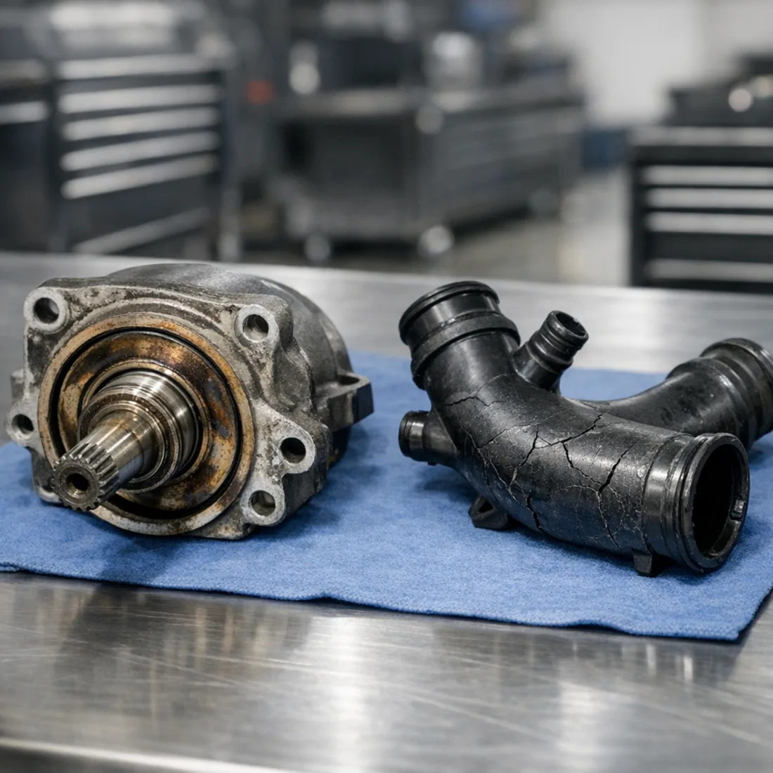 Jaguar F-Type V8 known fault components on workshop bench