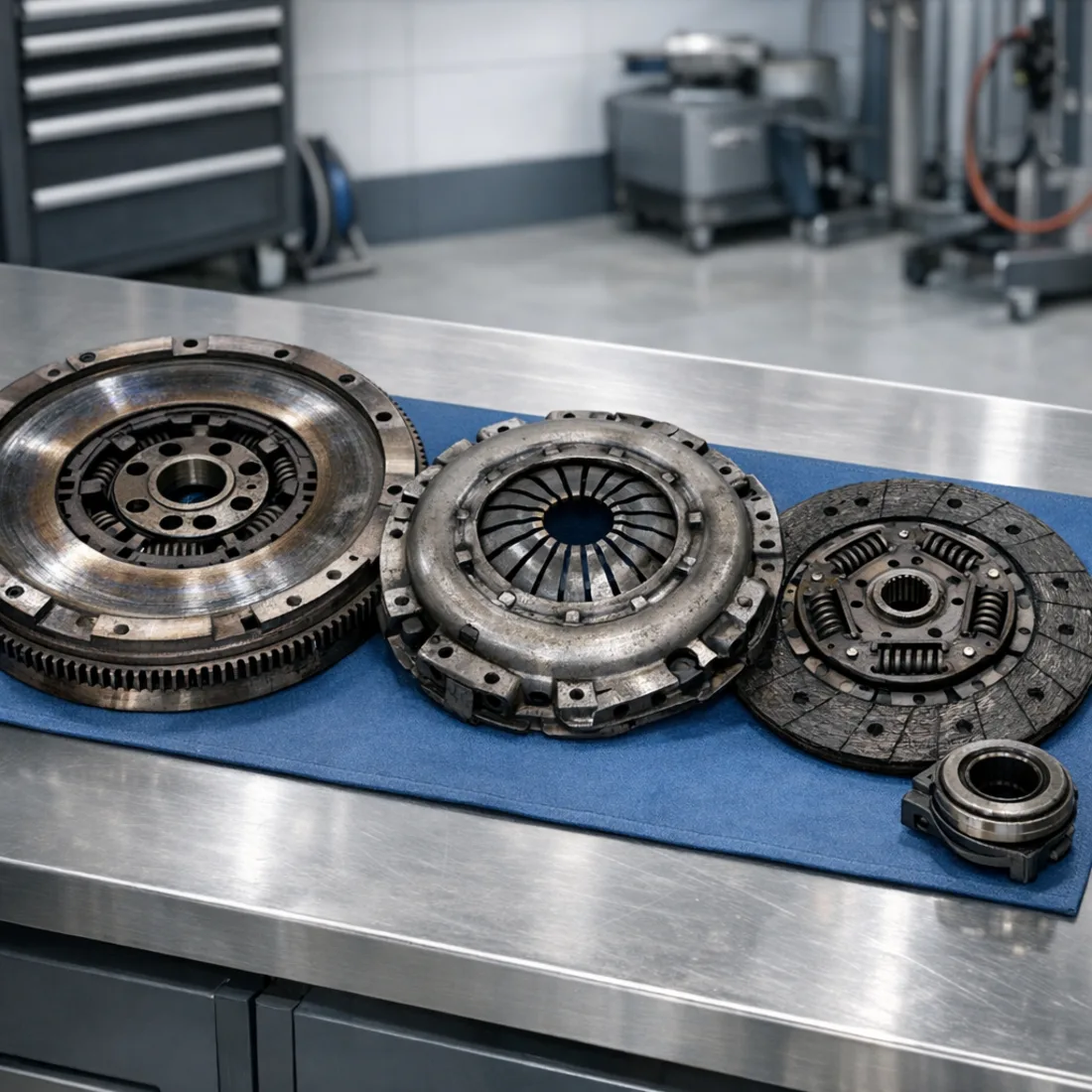 Worn dual-mass flywheel and clutch removed from a 2.0D during a full clutch replacement