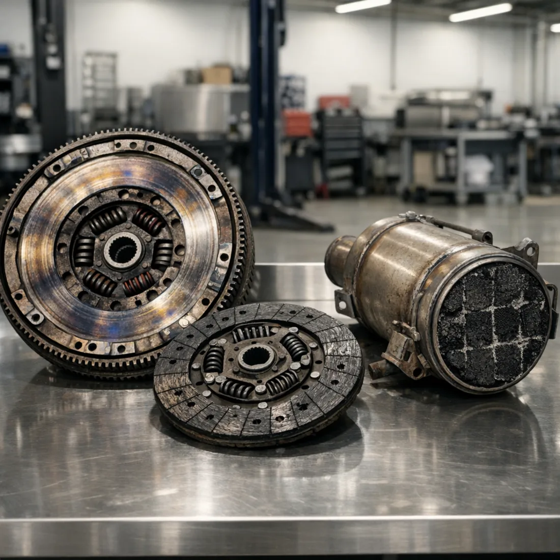 Worn dual-mass flywheel and a heavily loaded DPF from a 2.2D with a city-only history