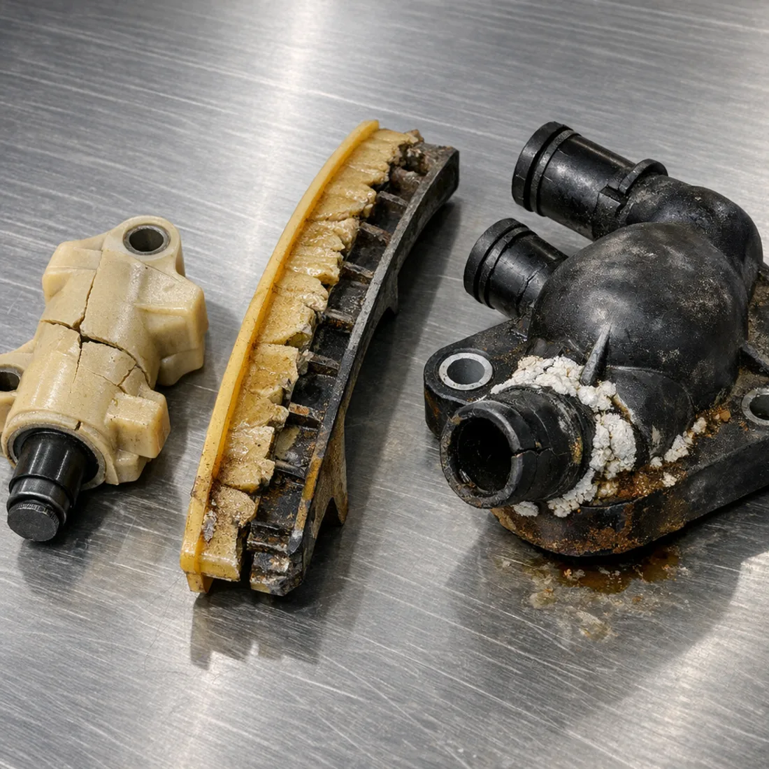 Worn timing tensioner and cracked thermostat housing from a 2.5 V6 X400