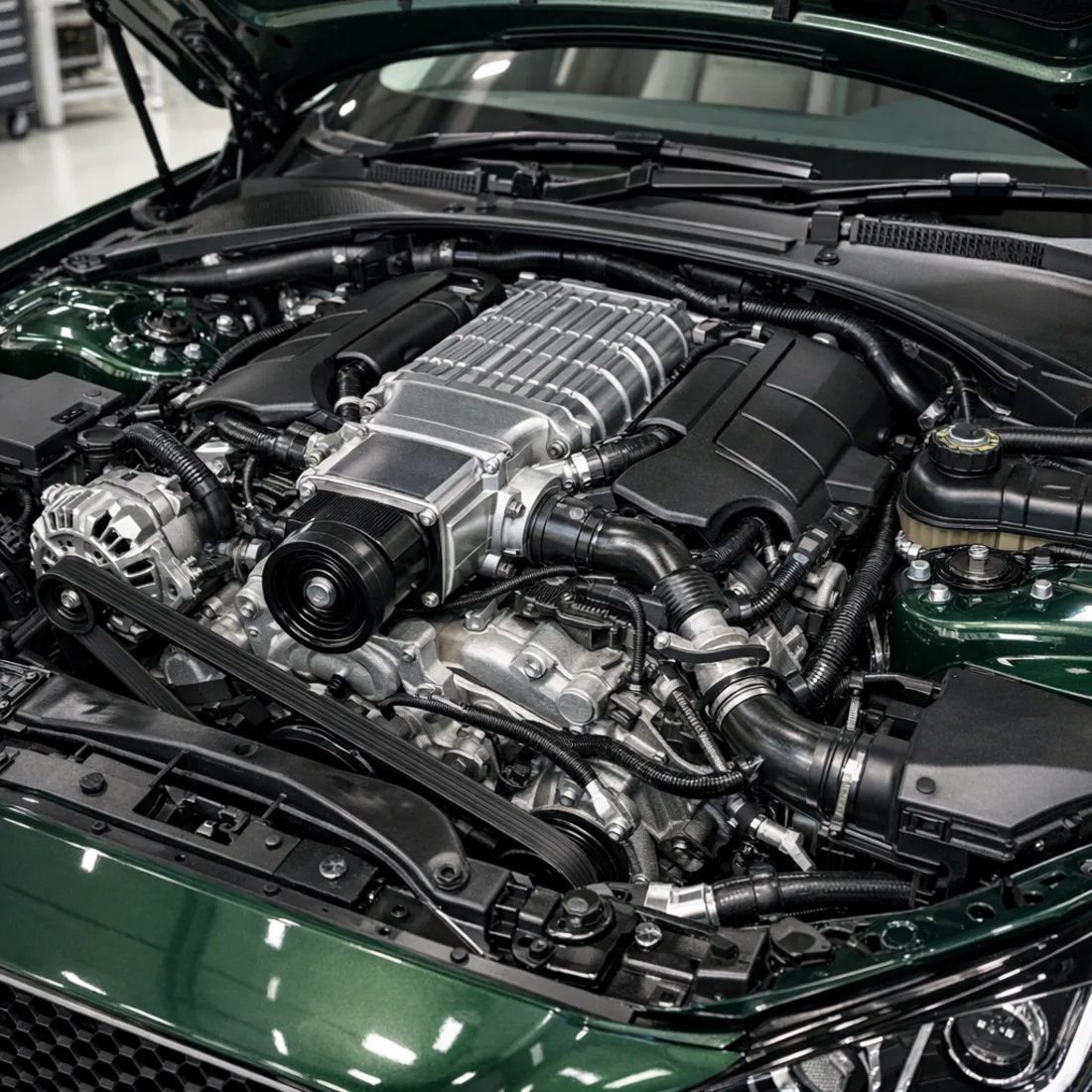 AJ126 V6 supercharged engine bay in a Jaguar XE showing the Roots type supercharger in the valley of the V