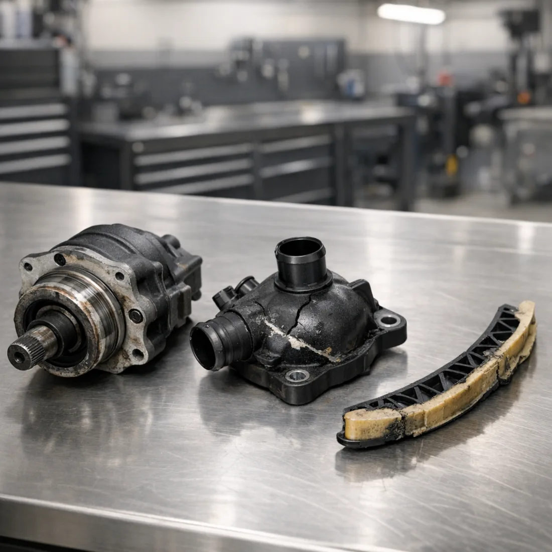 Worn AJ126 supercharger bearing, thermostat housing and timing chain guide on a workshop bench