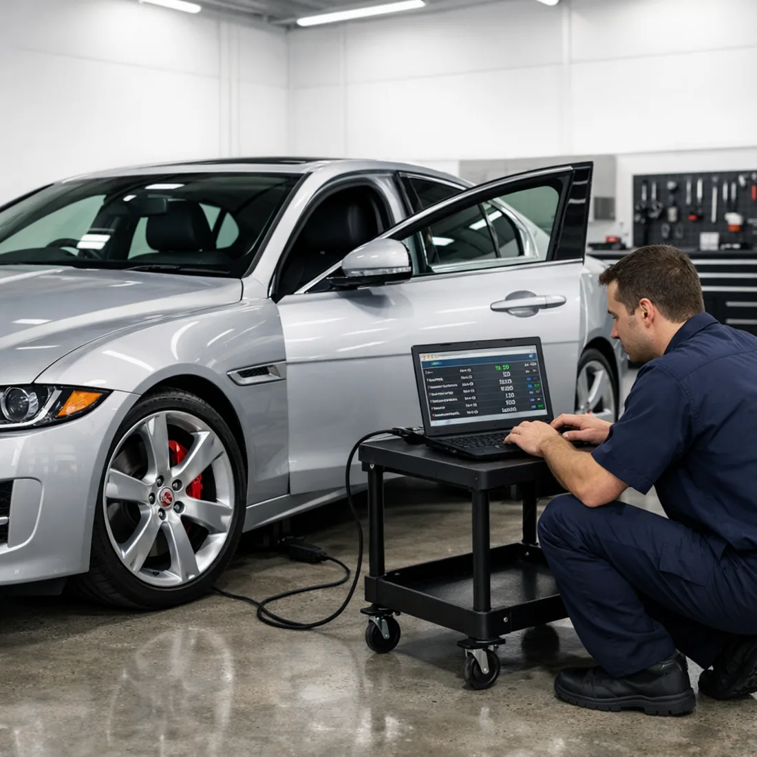 Technician running Jaguar SDD diagnostics on a Jaguar XE in our Penrose workshop