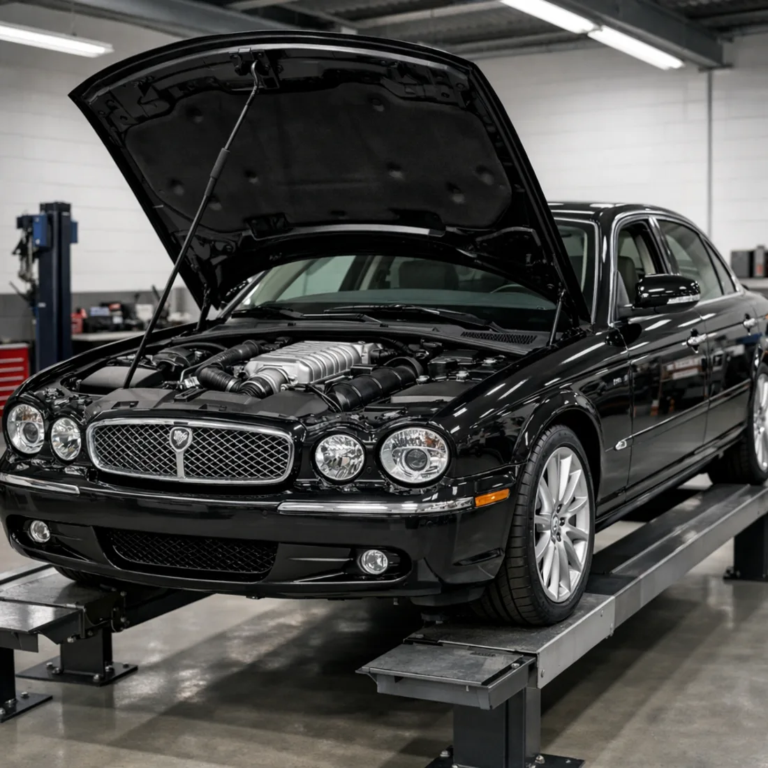 X350 4.2 V8 Supercharged: the AJ34 on the workshop hoist, supercharger intercooler circuit and timing chain both worth a close look