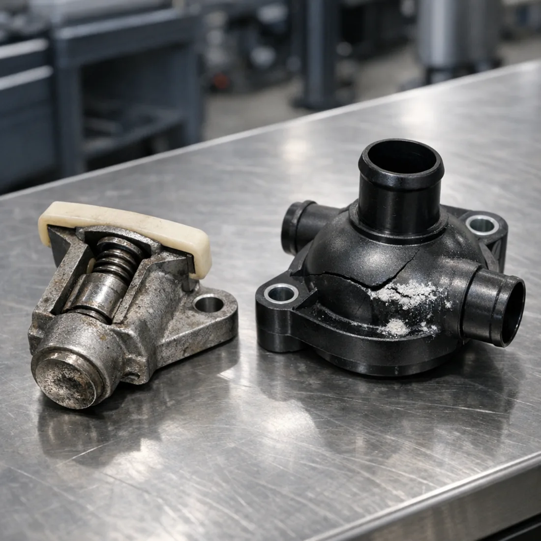 X351 5.0 V8: worn timing chain tensioner and cracked coolant housing, two of the most common finds on higher mileage examples