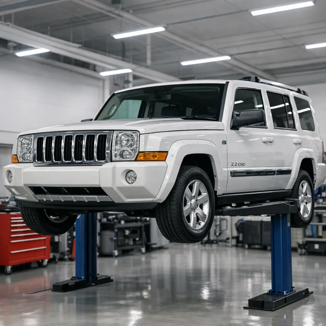 Jeep Commander 2.2 CRD on workshop hoist at our Penrose, Auckland workshop