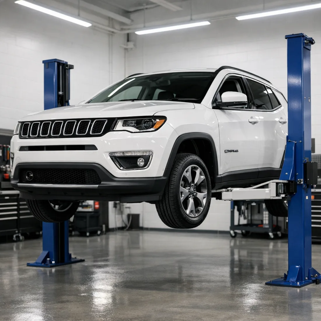 Jeep Compass MP on the workshop hoist at our Penrose facility.