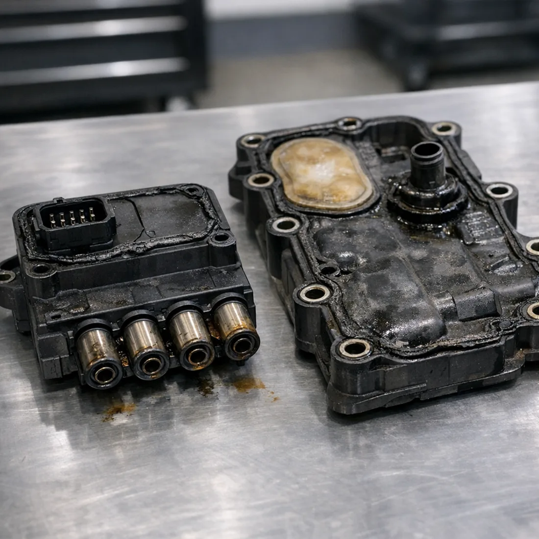 MultiAir solenoid and PCV components inspected on the workshop bench.